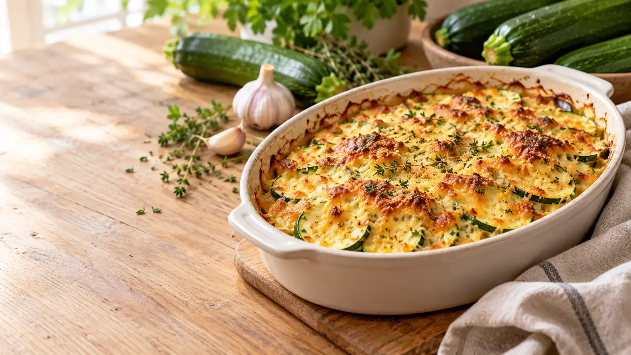 Gratin de courgettes doré et fondant dans un plat familial