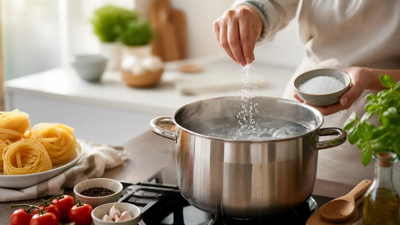 Pâtes en cuisson dans une grande casserole d'eau fumante, ambiance cuisine chaleureuse
