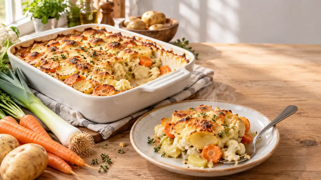 Gratin de légumes de saison doré et servi dans un plat familial