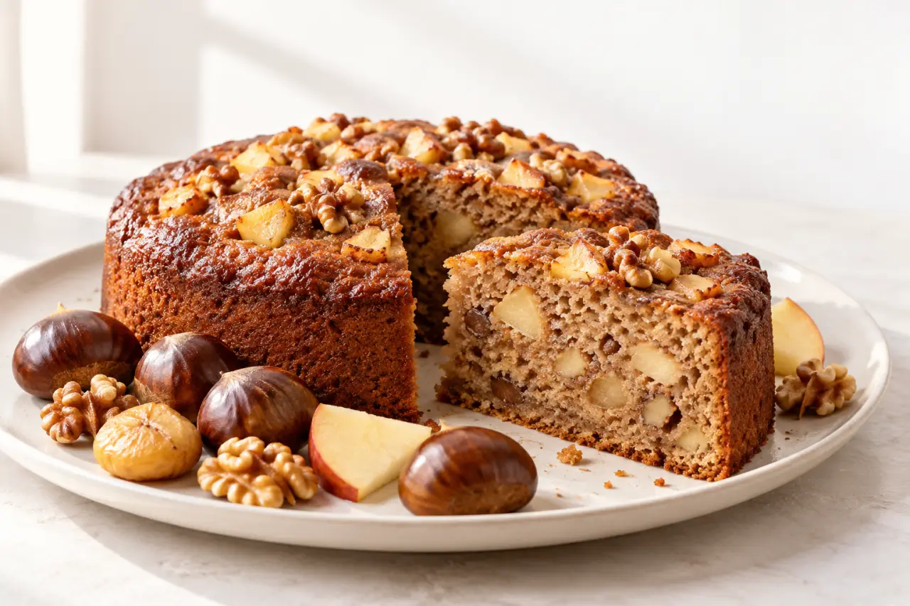 Recette de farine de châtaigne : gâteau moelleux aux noix servi sur une assiette