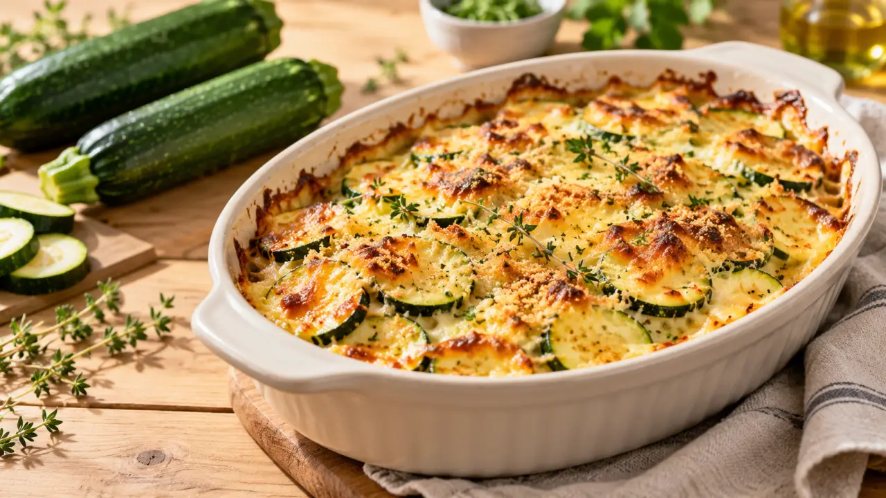 Gratin de courgettes doré dans un plat familial, prêt à être servi