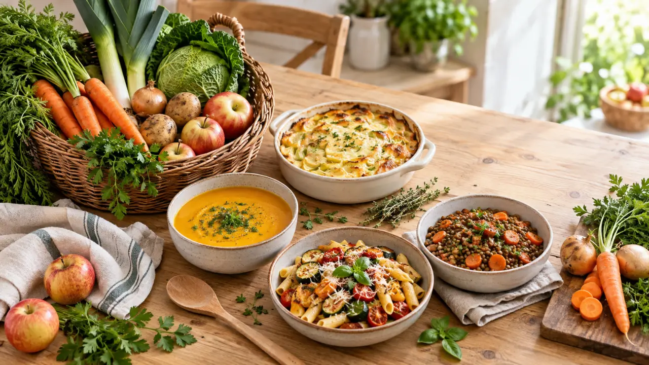 Panier de légumes de saison et plats familiaux préparés maison