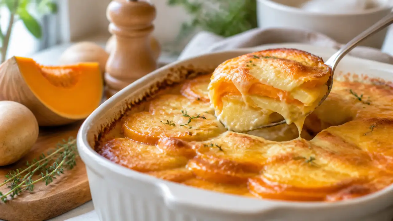 Gratin de courge et pommes de terre doré et fumant, servi dans un plat familial