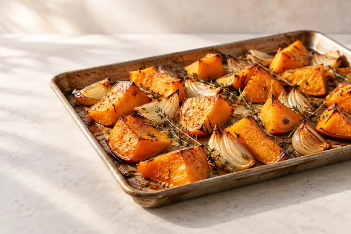 Recette courge muscade rôtie au four avec oignons et thym