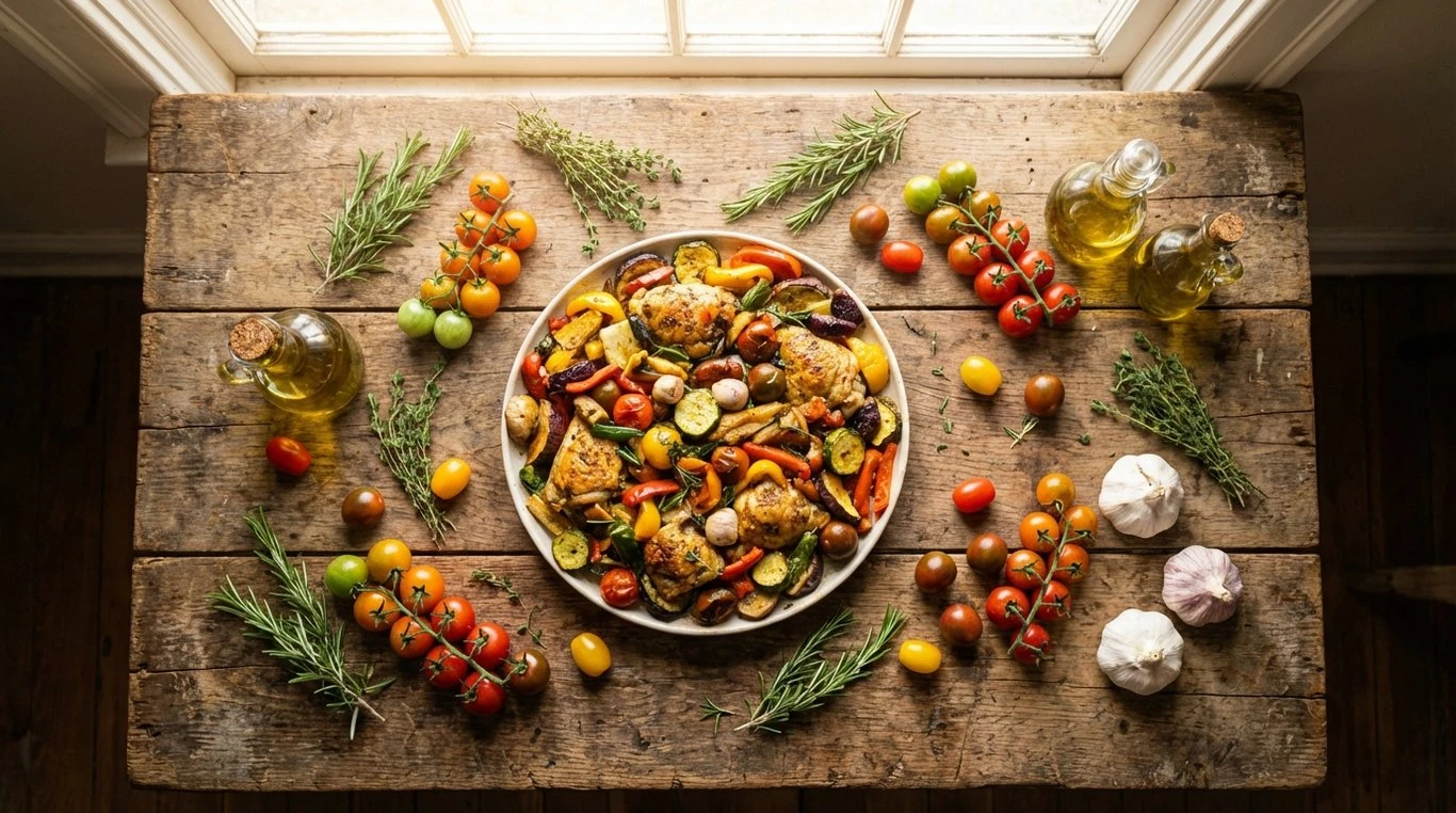 Table rustique avec un plat familial généreux et coloré