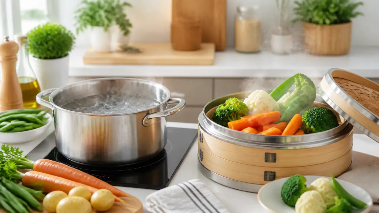 Légumes cuits à la vapeur et préparations à l’eau salée sur une table de cuisine chaleureuse