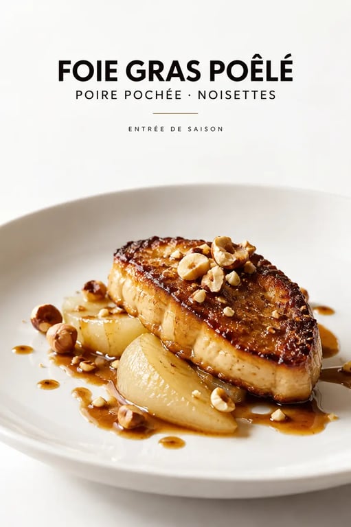 Recette avec foie gras en entrée, foie gras poêlé avec poire pochée et noisettes