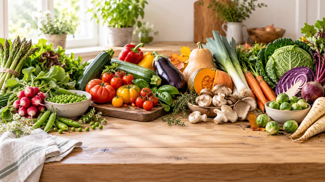 Légumes de saison colorés disposés sur une table en bois