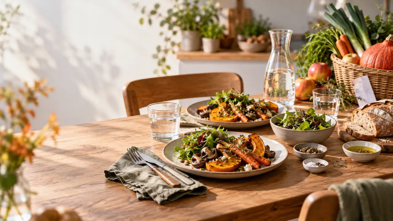 Table conviviale avec un dîner familial de saison composé de légumes frais