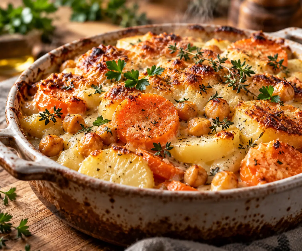 Recette de carottes en plat complet : un gratin fondant aux pois chiches et pommes de terre