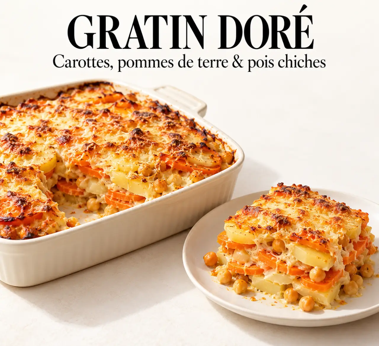 Recette carotte plat complet : gratin de carottes, pommes de terre et pois chiches gratiné