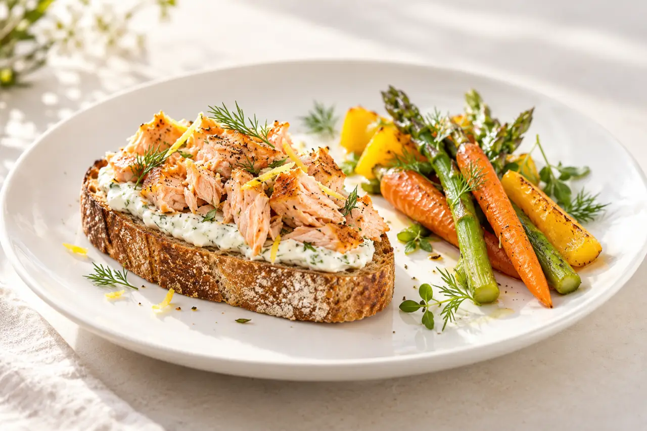 Entrée femme enceinte pour Noël avec saumon bien cuit et tartine croustillante
