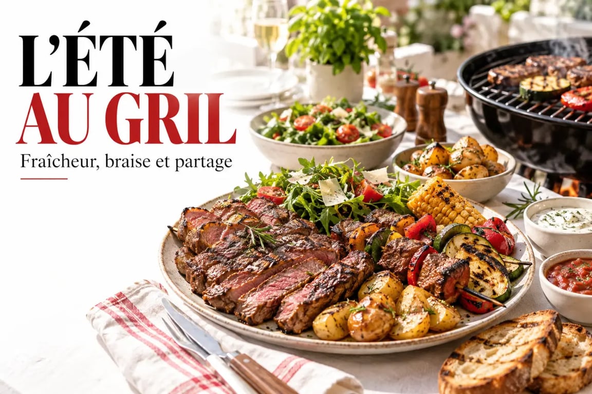 Idée accompagnement barbecue avec salade fraîche, légumes grillés, pommes de terre et sauces
