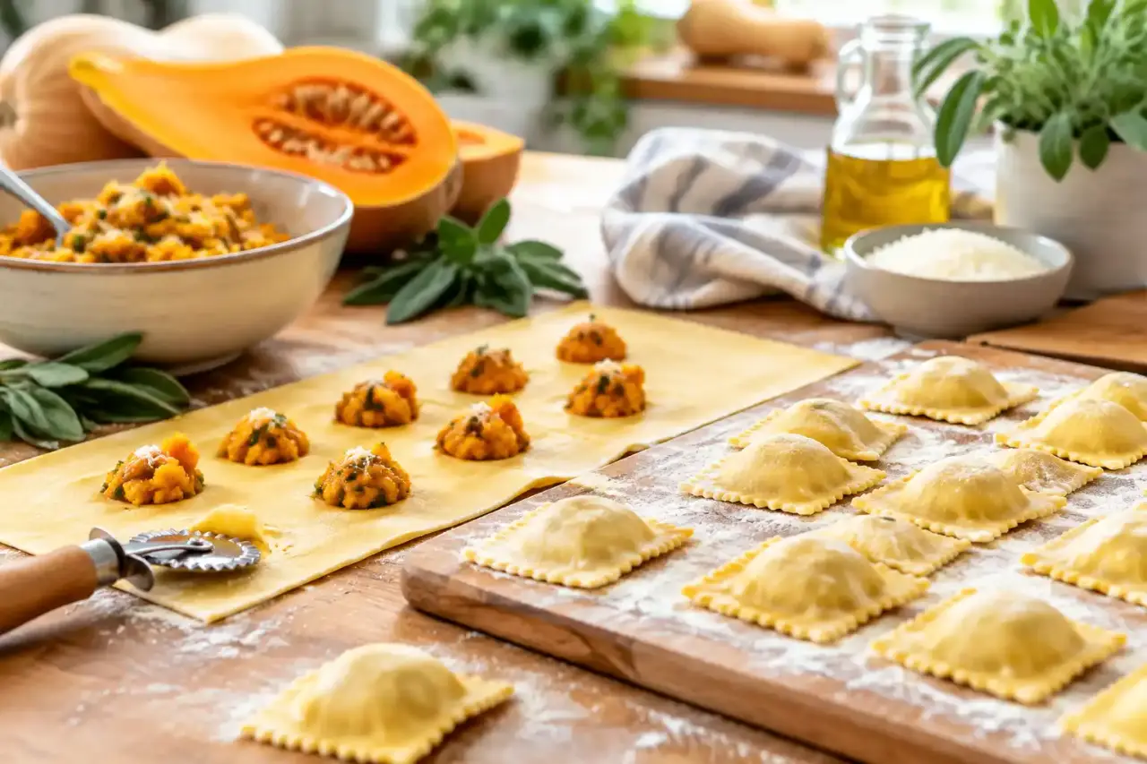 Ravioles de courge faites maison, prêtes à être cuites