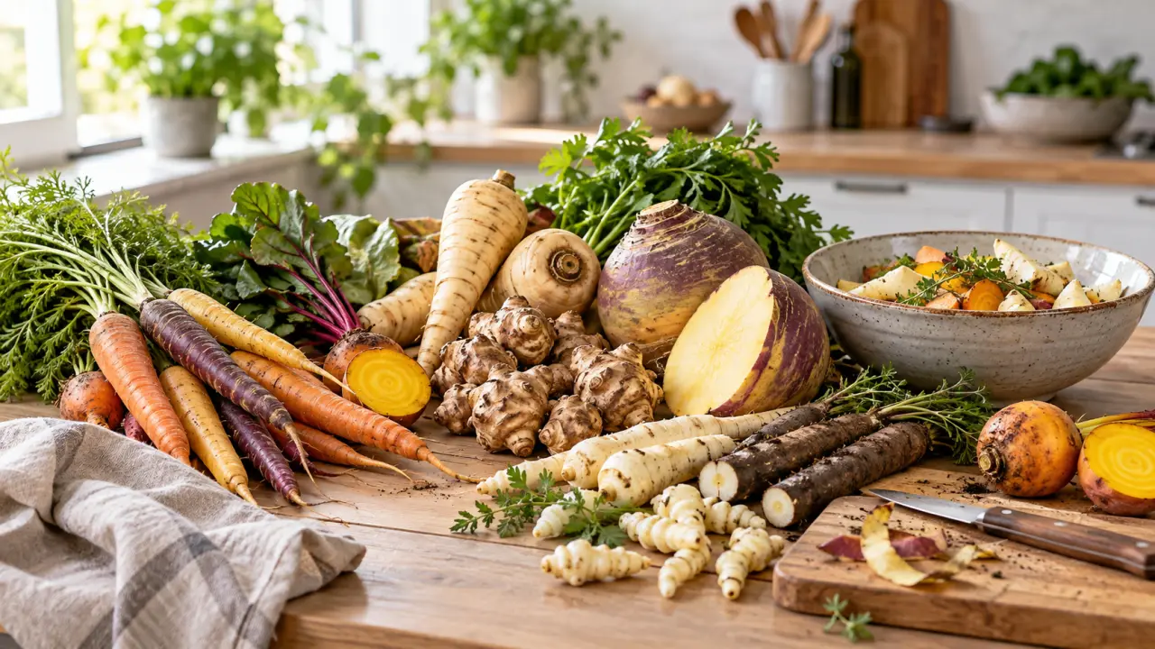 Légumes oubliés de saison disposés sur une table en bois