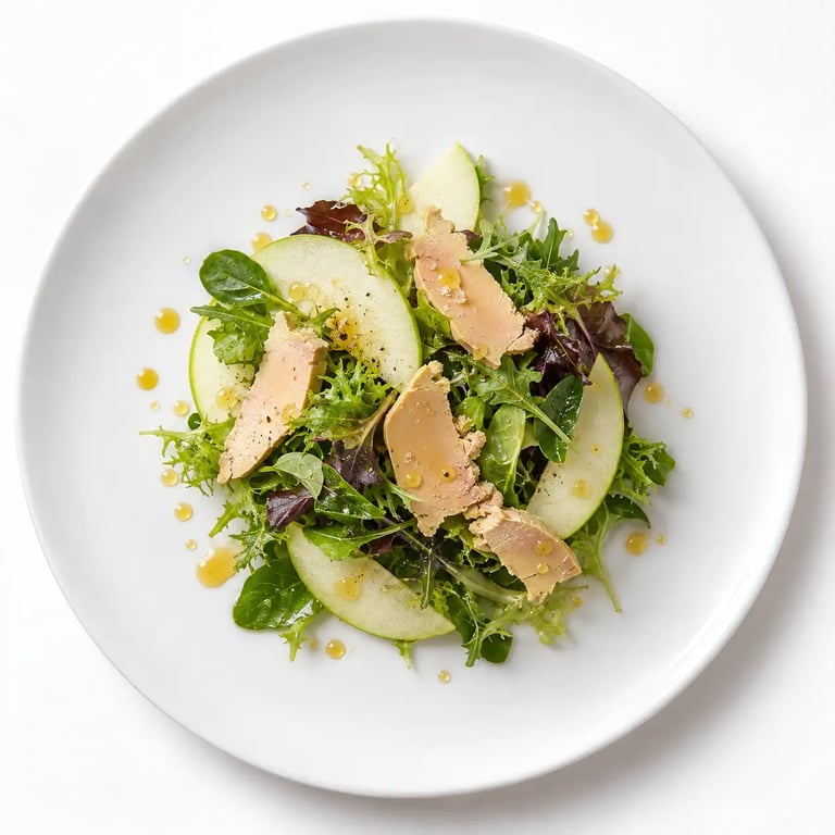 Recette avec foie gras en entrée, salade de mesclun avec pomme Granny et foie gras
