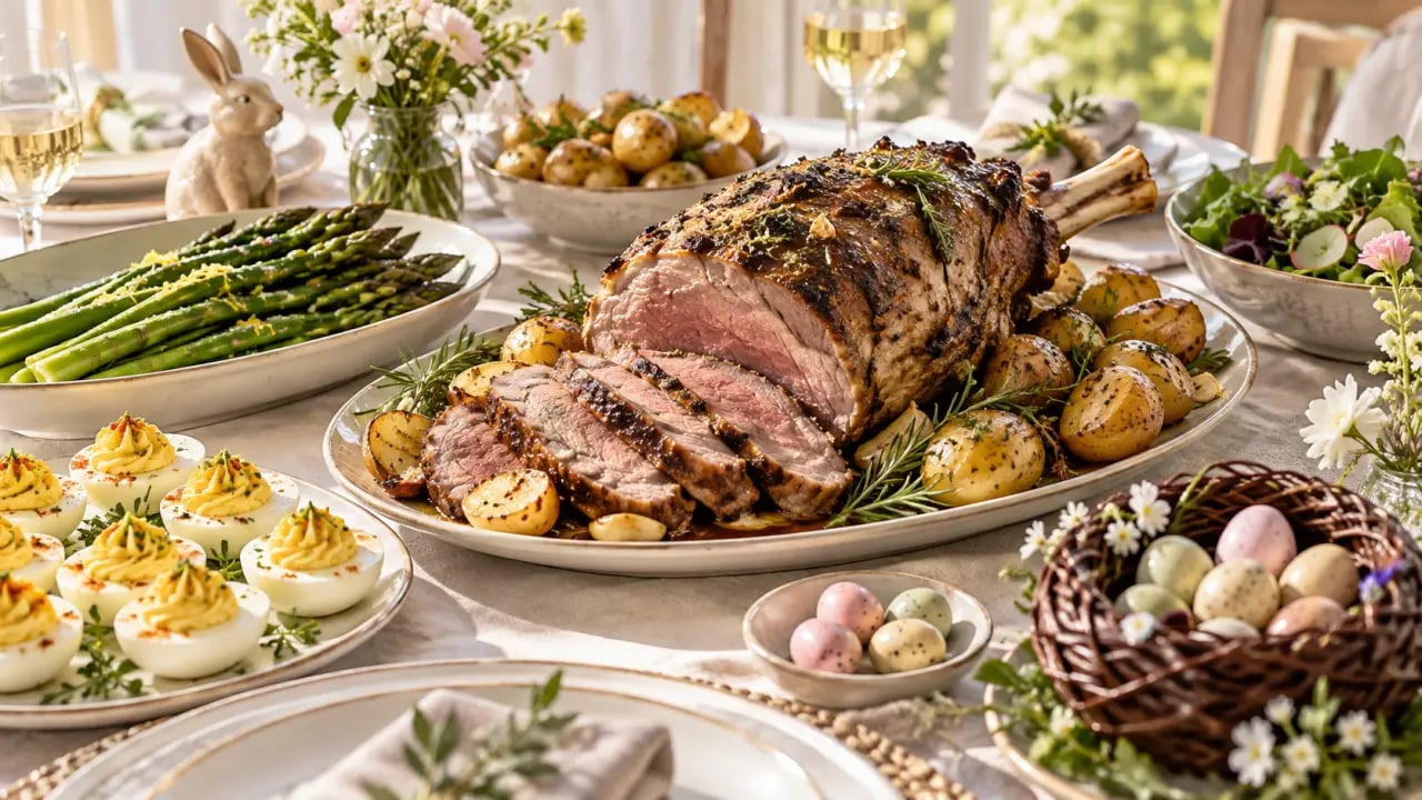 Idées repas de Pâques avec gigot d’agneau, asperges, œufs mimosa et nid au chocolat