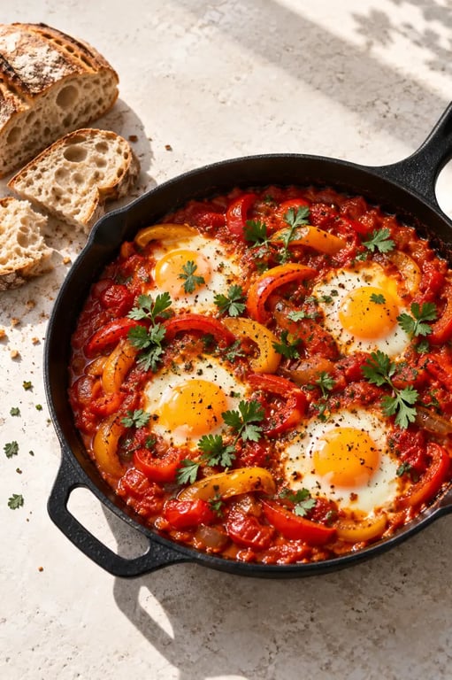 Recette à la poêle avec chakchouka, œufs, tomates et poivrons