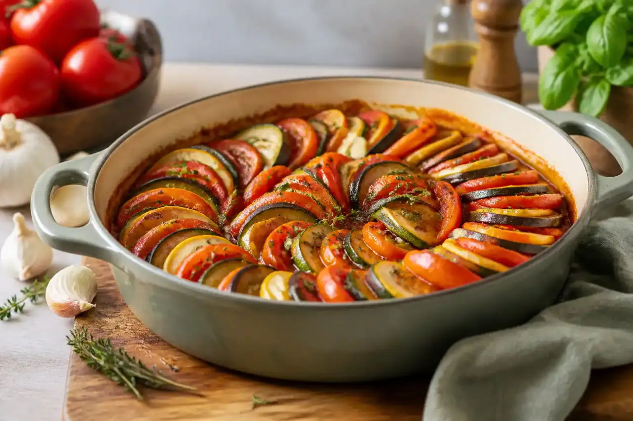 Ratatouille maison colorée dans un plat familial avec légumes d'été et herbes fraîches