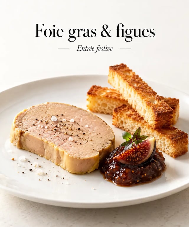 Recette avec foie gras en entrée, tranche de foie gras avec chutney de figues et brioche toastée