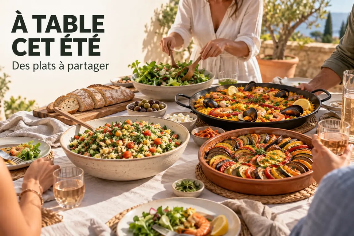 Plats conviviaux et estivaux à partager sur une grande table en terrasse