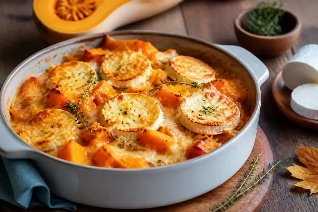 Gratin de courge et chèvre fondant servi dans un plat familial