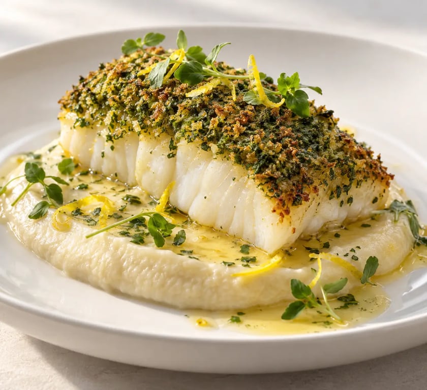 Recette gastronomique poisson : dos de cabillaud en croûte d’herbes avec purée de céleri