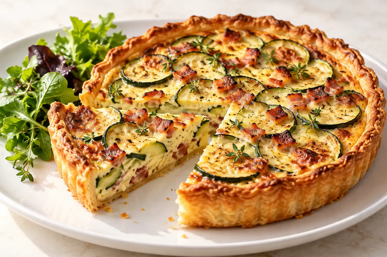 Que faire avec pâte brisée et lardons en été : quiche aux courgettes servie avec une salade