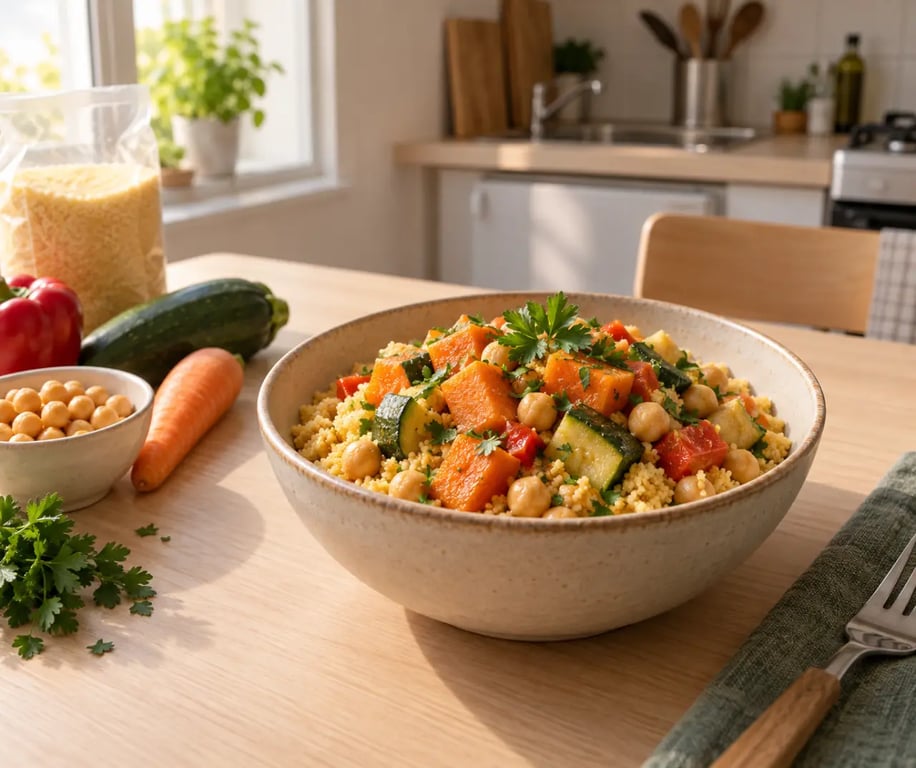 Recettes étudiantes faciles : semoule aux pois chiches et légumes dans un bol