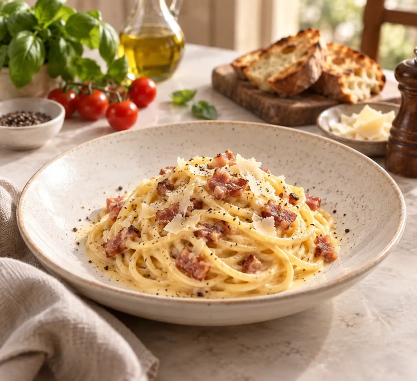 Recette italienne avec spaghetti carbonara crémeux sur une table conviviale