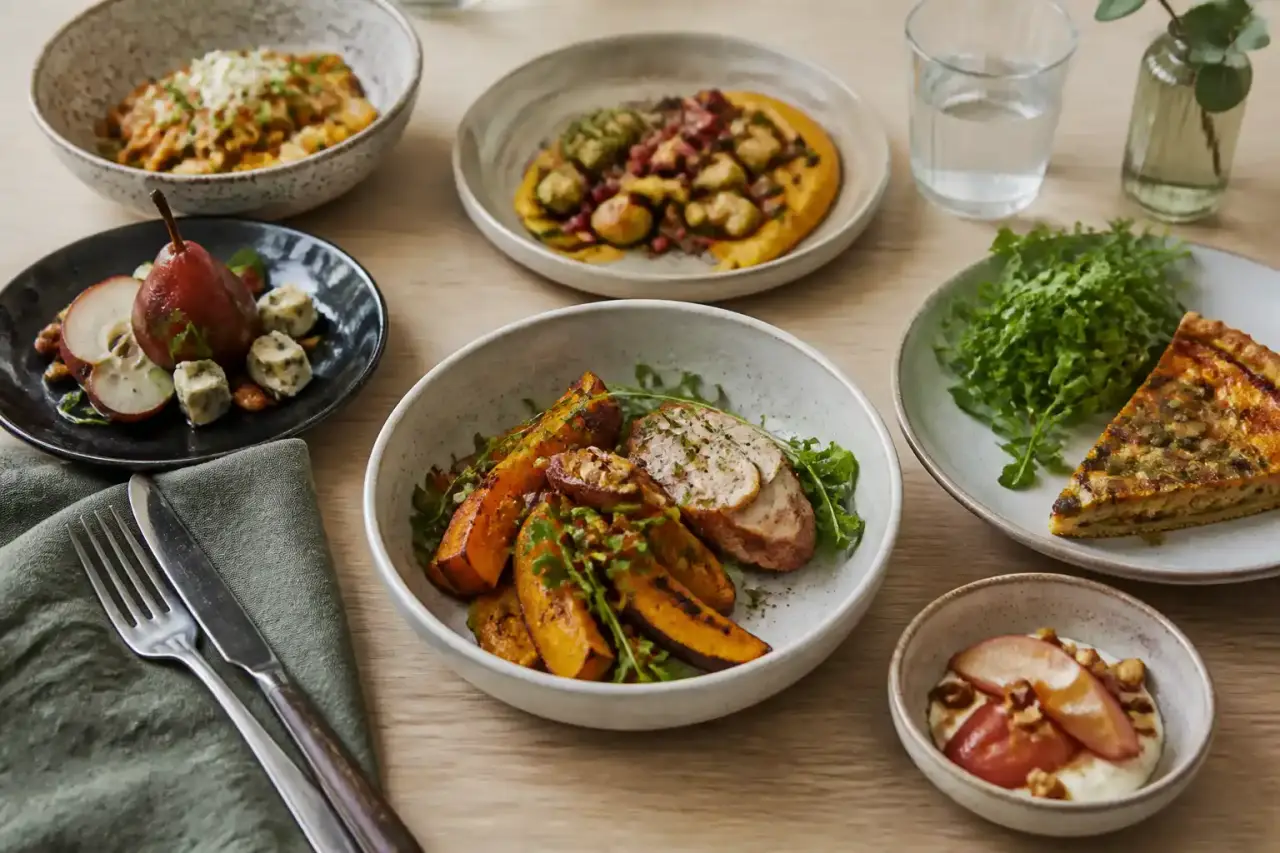 Table familiale de saison avec plusieurs plats colorés et ingrédients frais