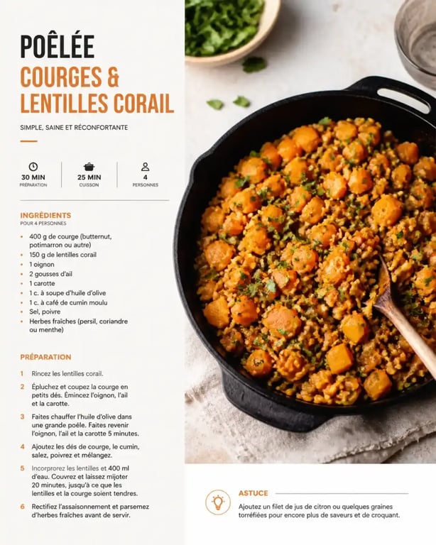 Recette healthy facile de poêlée de saison aux courges et lentilles