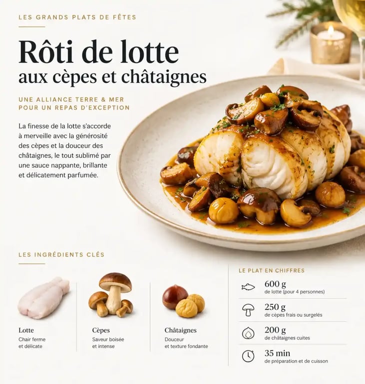Lotte aux cèpes et châtaignes, plat de poisson de chef pour Noël
