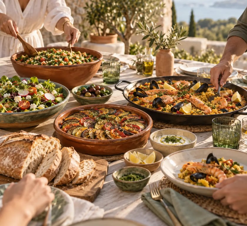 Plats conviviaux et estivaux à partager sur une grande table en terrasse