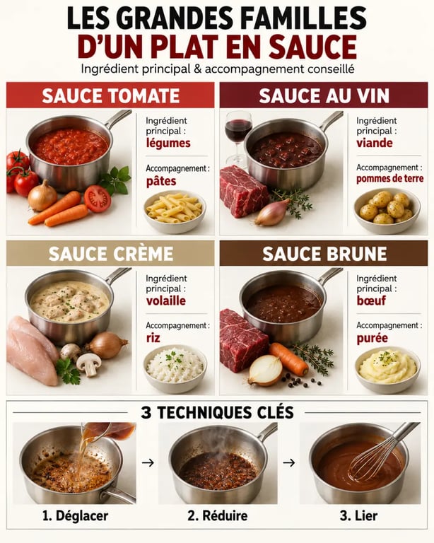Infographie des familles de plat en sauce, des bases de sauce et des accompagnements