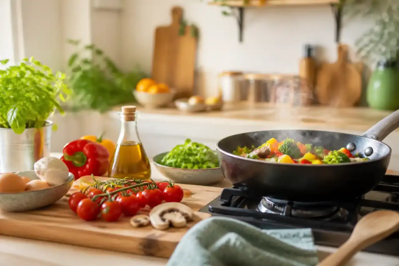 Table de cuisine chaleureuse avec des ingrédients frais de saison