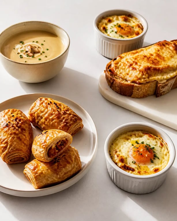 Recettes entrées chaudes faciles et rapides présentées en petites portions avec feuilletés, œufs cocotte et tartines chaudes