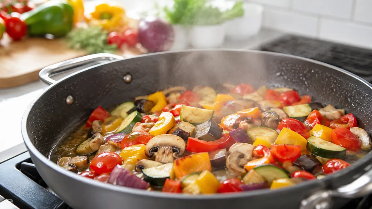 Plat familial coloré avec des légumes frais, ambiance chaleureuse