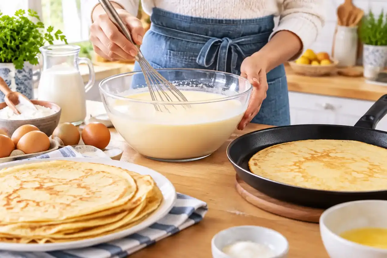 Pâte à crêpes fluide dans un saladier avec un fouet en bois