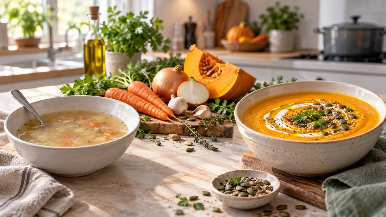 Bol de velouté de légumes onctueux garni d’herbes fraîches