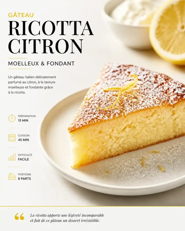 Recette ricotta dessert : gâteau moelleux à la ricotta et au citron servi sur assiette blanche