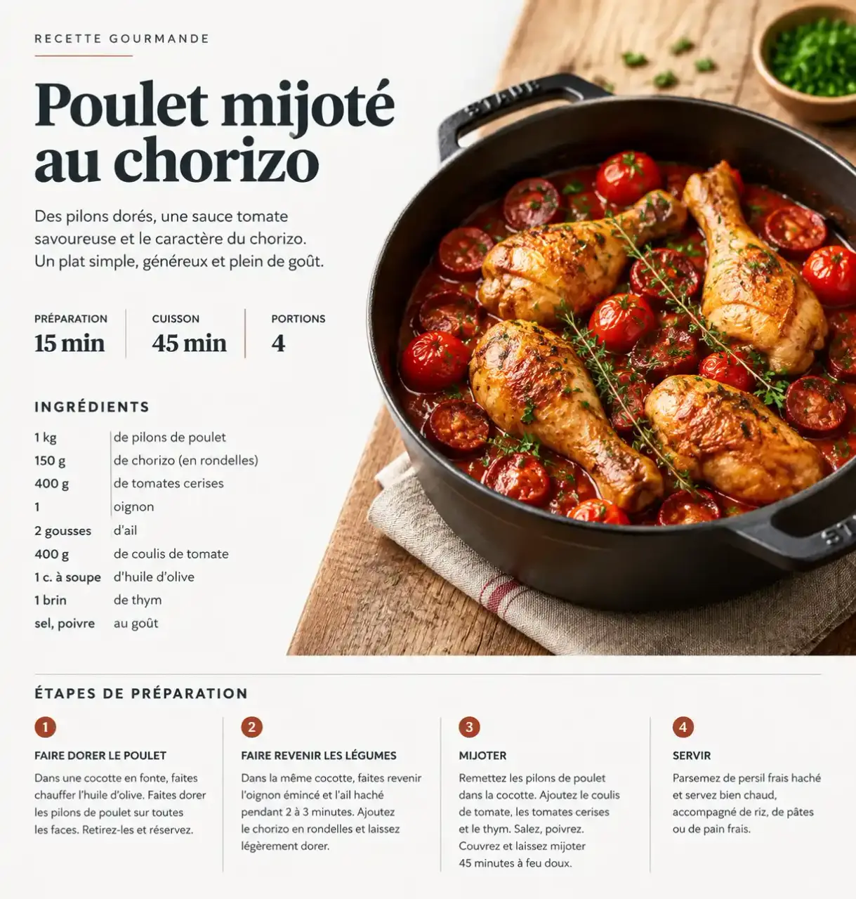 Plats mijotés poulet : pilons de poulet au chorizo et tomates cerises dans une cocotte en fonte